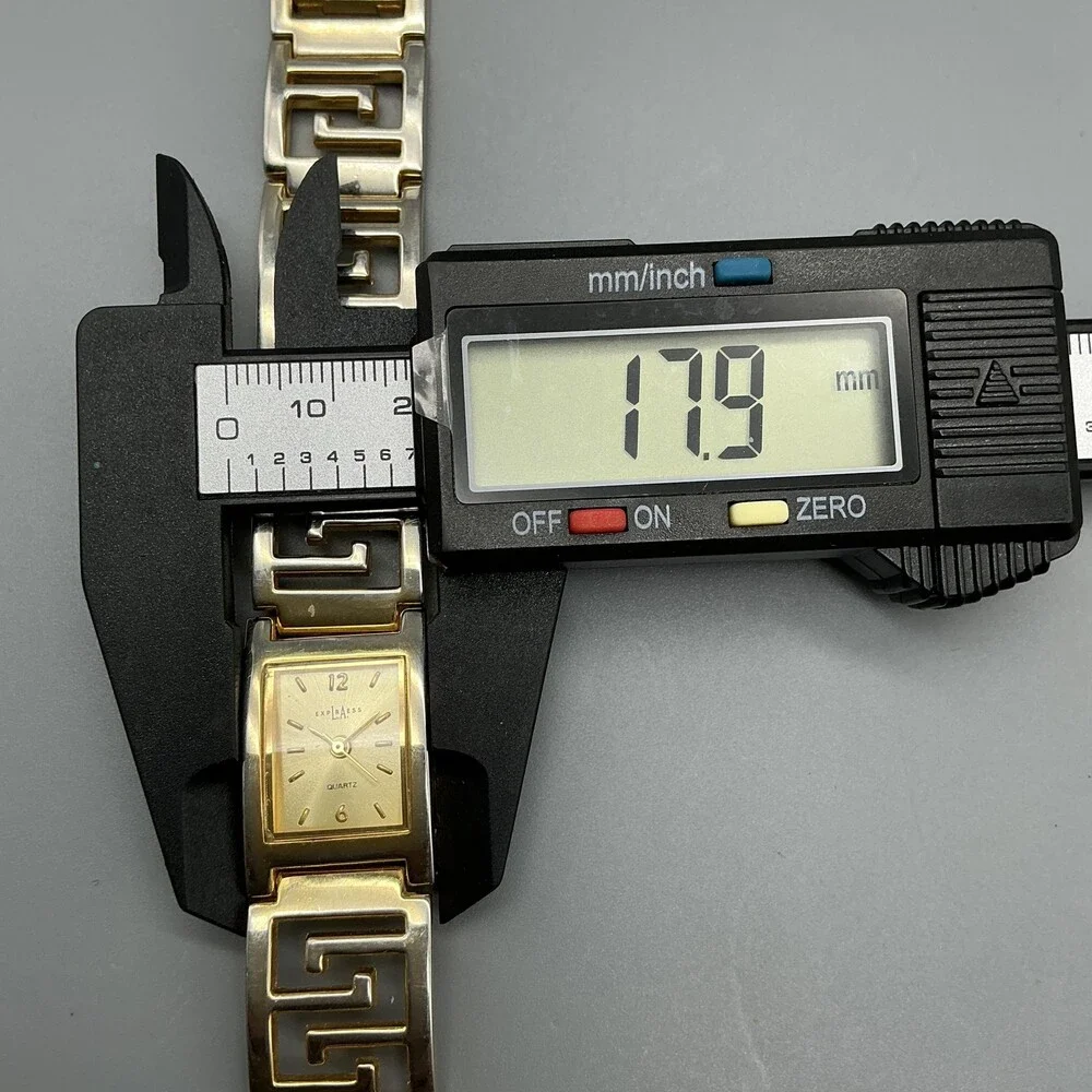 LA Express Womens Watch 18mm Gold Tone Greek Key Bracelet New Battery 7.5